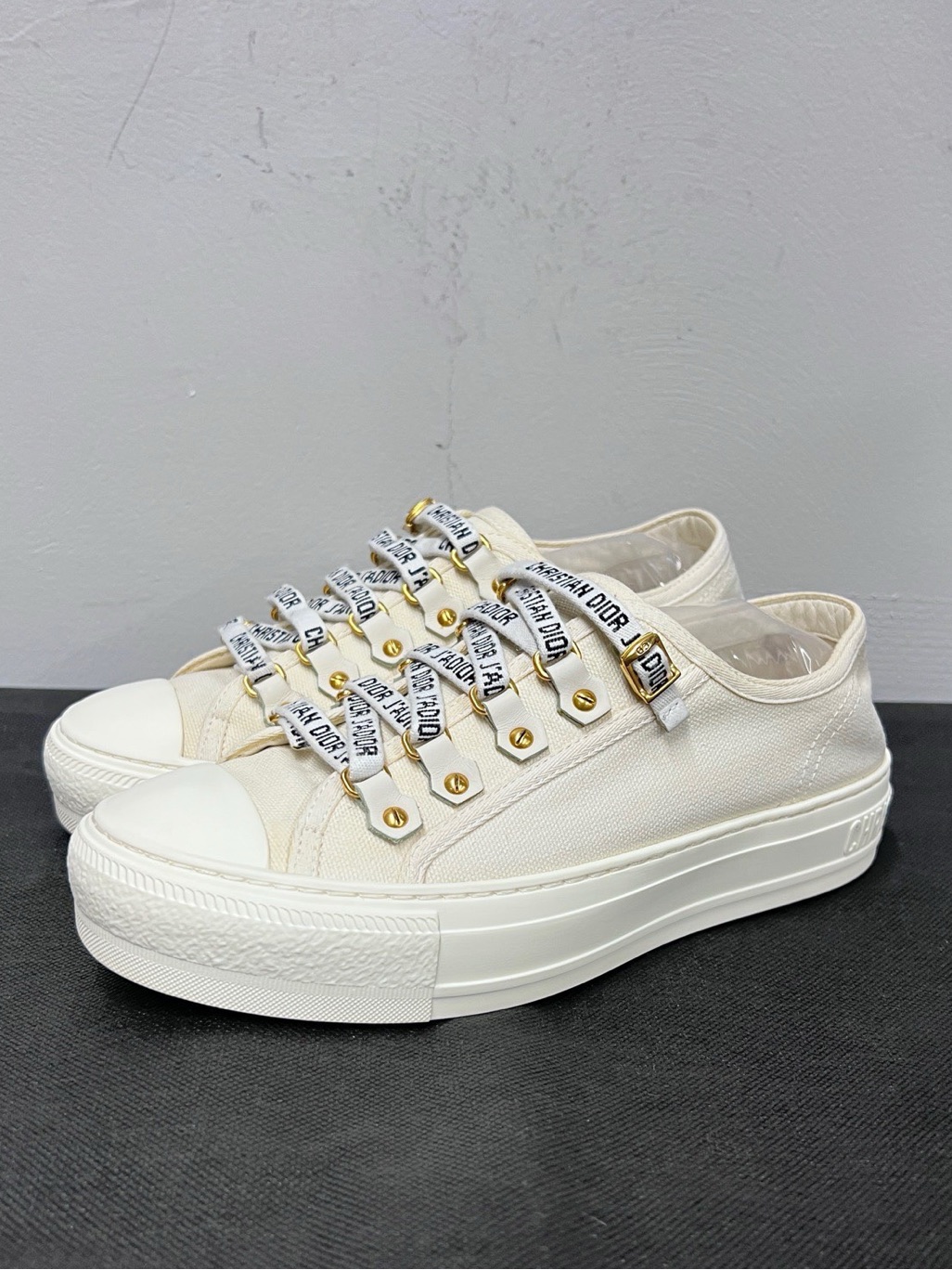 Steal Dior Cream Canvas Platform Sneakers With Branded Ribbon Laces